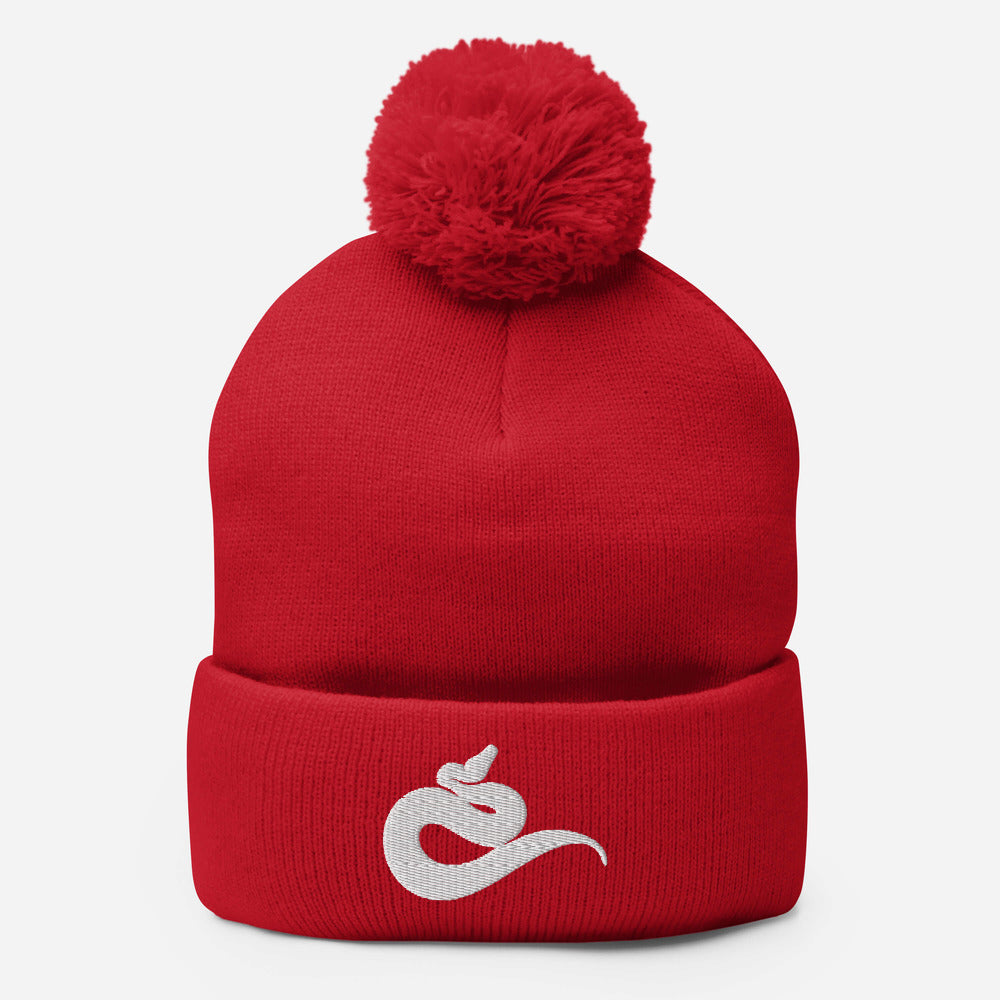 Embroidered Python Pom-Pom Beanie